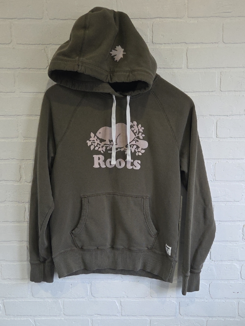 Roots Olive Hoodie with Pale Pink Logo